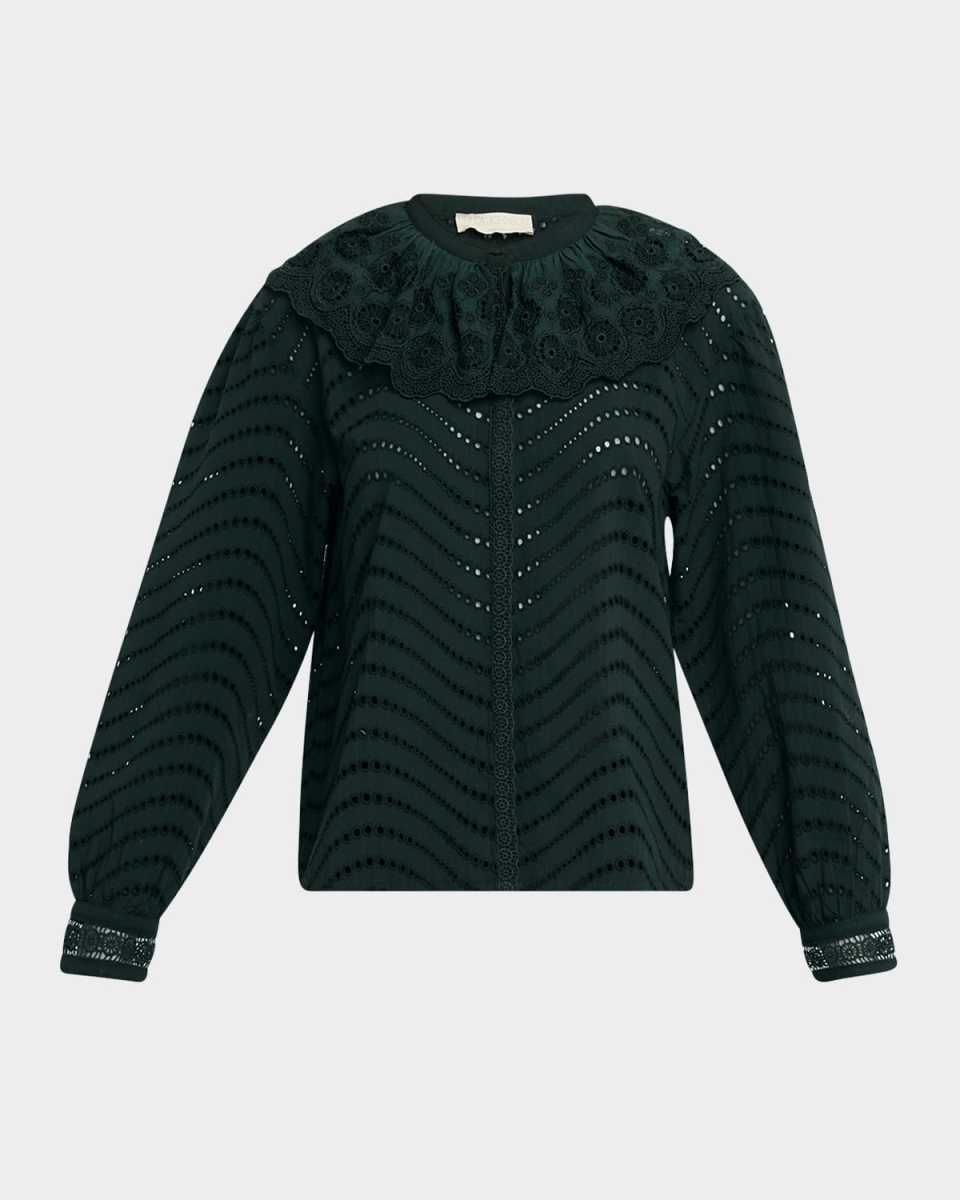 Fia Embroidered Scallop-Collar Blouse